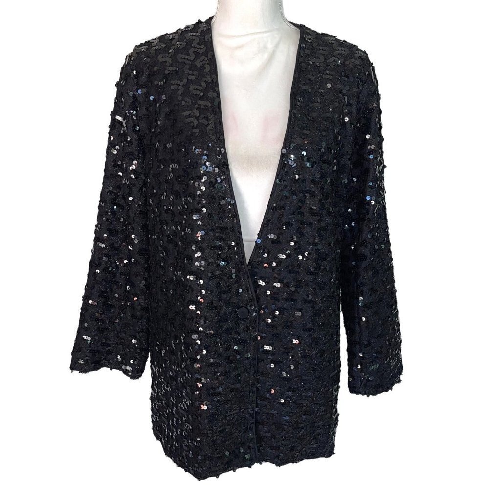 Three Flaggs Womens Sequin Jacket Black Size Large L Vintage Nylon Acetate Rayon